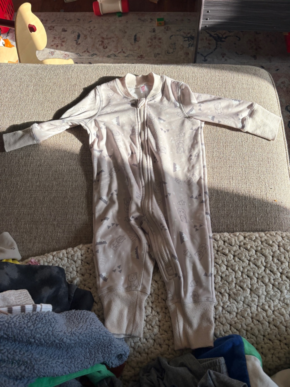 Neutral Beige Baby Zip Baselayer with Bear Print